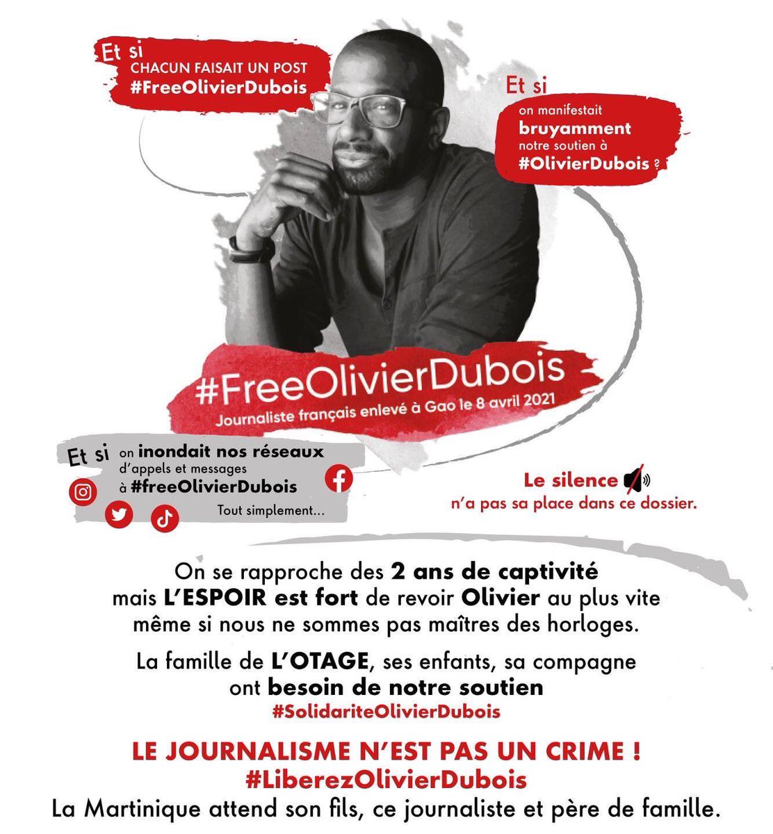 "T'as entendu parlé d'Olivier Dubois, le journaliste français qui a été enlevé à Gao?"
Dans la majorité des cas, la réponse est non.
Après 2 ans, sa situation doit être connue et soutenue de tous.
#FreeOlivierDubois
#Journalisme #Journaliste #Presse
#France #Mali #Martinique