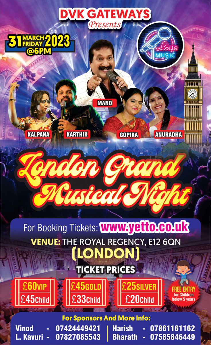 London Grand Musical night @ManoSinger_Offl @singer_karthik @anuradhasrirams @kalpana @DrGopikaRajeev #BritishSouthIndians @kuchkuchnights