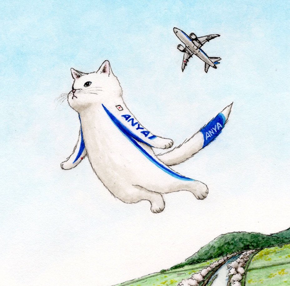 「『猫フライト3(ANYA)』春がきてウキウキしてたら飛べました水彩/80×80m」|エルクポットの動物群像絵🐾のイラスト