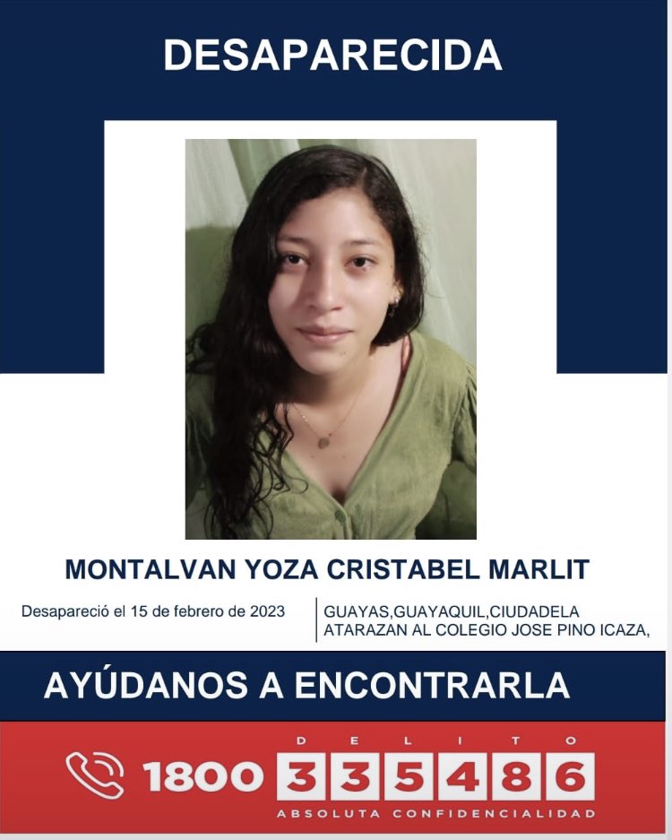 mcdc_mcdc's tweet photo. Día 33 sin saber NADA de Cristabel, adolescente desaparecida en #Guayaquil 
Seguro muchos no están durmiendo bien, por el terremoto. Su mamita no lo hace por el dolor de tener una hija desaparecida ya más de un mes.
Por favor si alguien sabe de su paradero comuníquelo. https://t.co/YMMY5MIywP