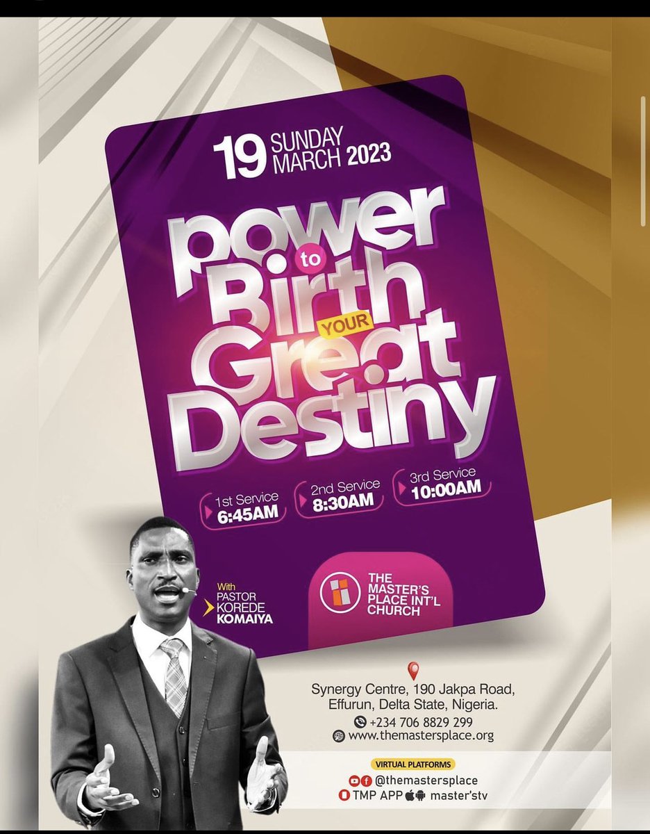 mastersplace's tweet photo. Receive supernatural endowment and power to birth your great destiny.
Join Masters TV Live!
https://t.co/gPTQVEQ5fg
Walk into the reality of God's purpose for your destiny.
Everything will come alive and change.
#TMP #Koredekomaiya #MyCASEisDiffirent #project1344 https://t.co/oJCIyj6h8i
