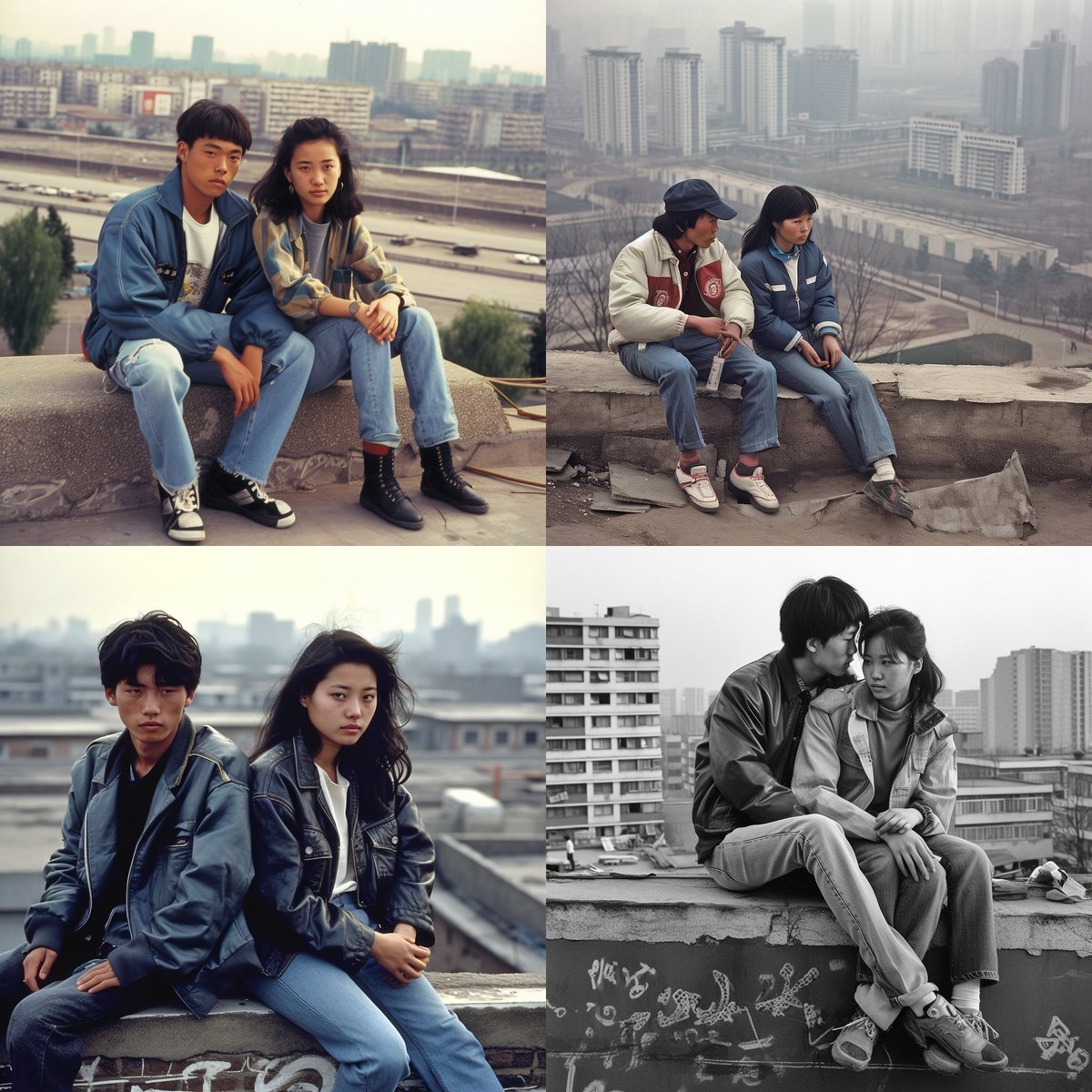 jesselaunz's tweet photo. @mranti 本来觉得不太像midjourney的风格。
用A pair of young Chinese lovers, wearing jackets and jeans, sitting on the roof, the background is Beijing in the 1990s, and the opposite building can be seen --v 5 --s 250 --q 2
画了一下，估计是了。 https://t.co/GWrlBarLKL