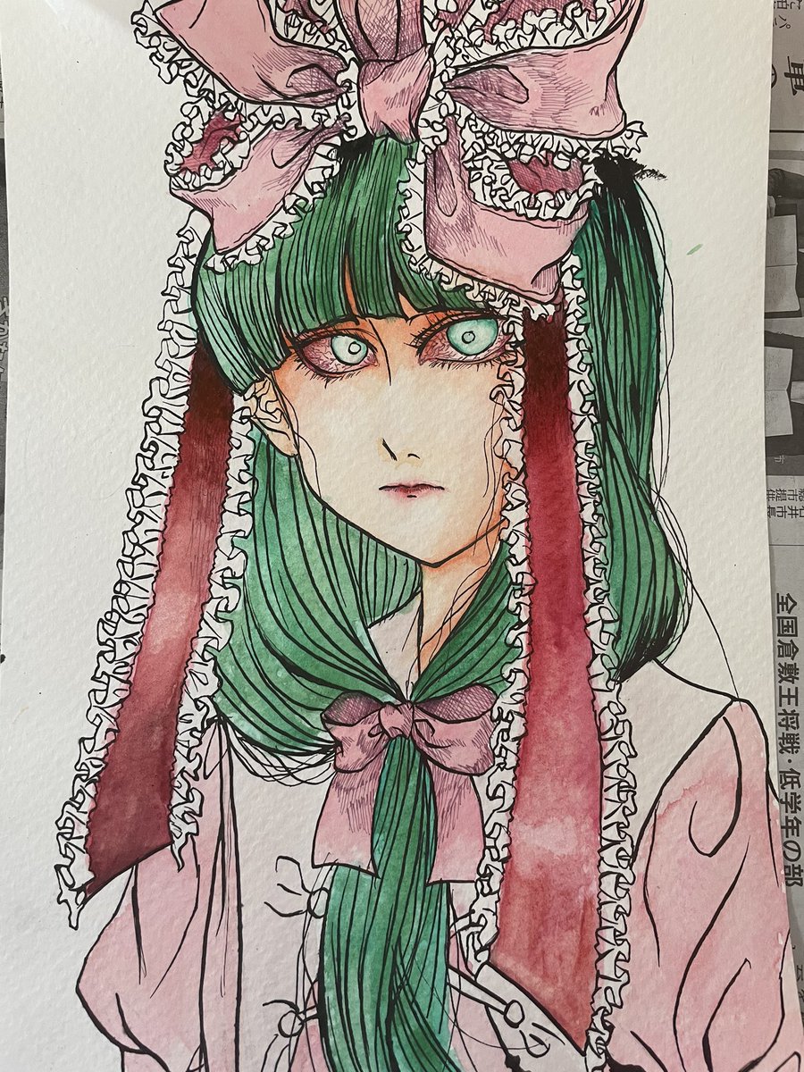 kagiyama hina 1girl solo traditional media green hair front ponytail green eyes ribbon  illustration images