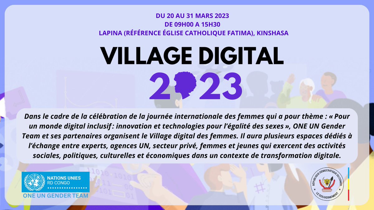 ONUFemmesRDC's tweet photo. 📢[ CHANGEMENT DE LIEU ] Ce lundi marque le début du Village Digital de ONE UN Gender Team ! Le village sera visitable jusqu'au 31 mars ! 

Vous êtes tous invités à nous rejoindre à Lapina (référence église catholique fatima) 🇨🇩

AUCUNE INSCRIPTION REQUISE! 🟣

#EllesDigitalesRDC https://t.co/9mTixkUOMT