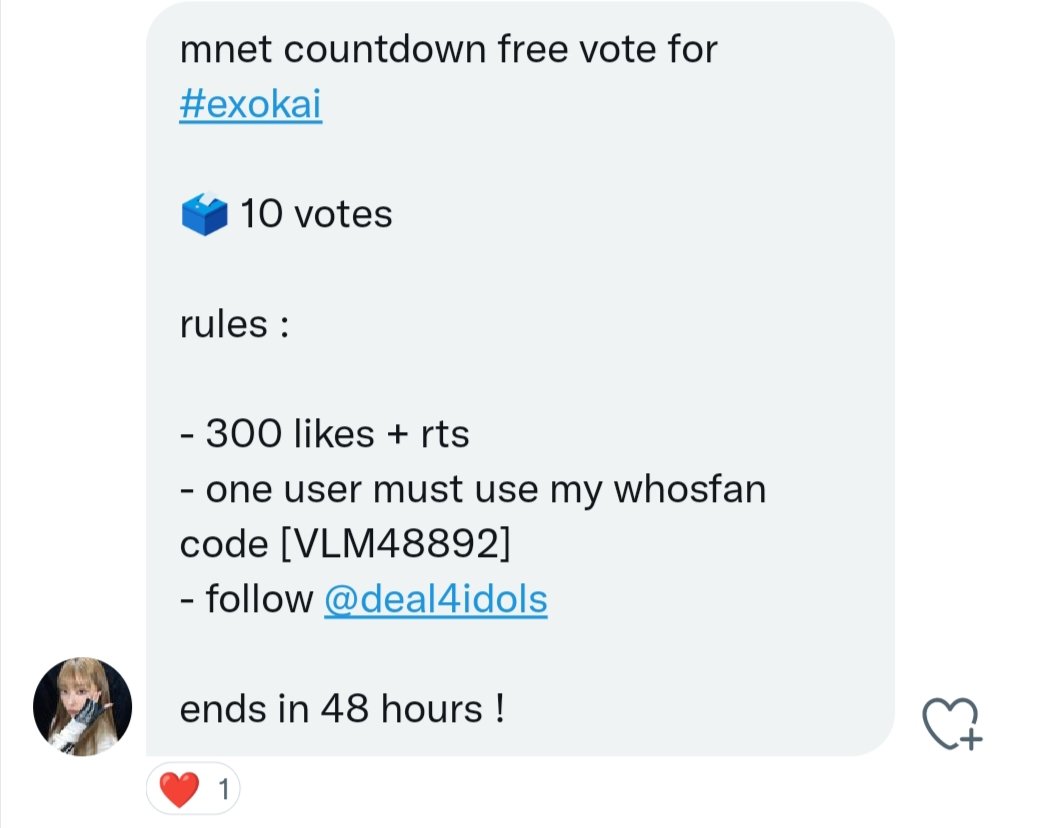 AlienEXO_L9's tweet photo. Attention EXOLs ‼️‼️‼️
mcountdown deal for #EXO
#KAI 🗳 10 votes 

- 300 likes + rts
- one user must use this whosfan code [VLM48892]
- follow @deal4idols 

ends in 48 hours 📢📢📢

Let's complete this fast for our Nini bear Eris 🙏🏻❤️‍🔥 fighting #KAI_Rover @weareoneEXO https://t.co/h1TzS1CJBj