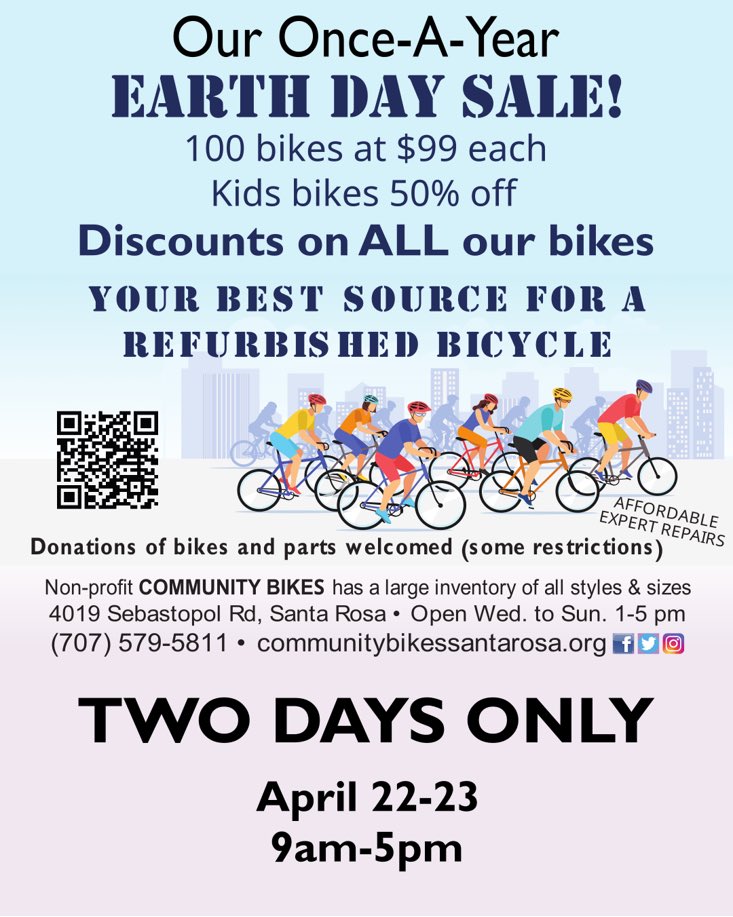 CommBikesSR's tweet photo. #earthday2023 #bikesale #communitybikes https://t.co/UhAj3z4pjC