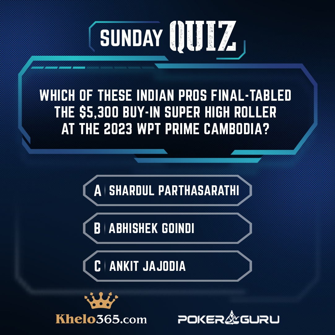 PkrGuru's tweet photo. #ContestAlert #ThePokerGuruSundayQuiz

Tell us the correct answer to the question for a chance to win tickets to Khelo365's flagship weekend tournaments!

Six lucky winners will get one ticket 🎟️ each to either the "Big Bang ₹1 Lakh GTD" scheduled every Sunday or the "Mega Splash ₹1 Lakh GTD" on Saturday.

To participate, tell us the correct answer in the comments section and follow the rules:
 
1. Like/Follow 📲 @PkrGuru & @khelo365
2. Comment with the correct answer and tag 3 poker friends 
3. Sign-up on Khelo365 here: https://t.co/M4UcuiBOYm
and share your screen name 

The contest is open across all our social media handles on #Facebook, #Instagram, and #Twitter. Entries across all platforms will be considered while awarding the prizes. Six lucky winners selected randomly will be awarded a ticket each.

Winners will be announced on our #TuesdayTrivia post. Good luck, everyone! 🤞🏻