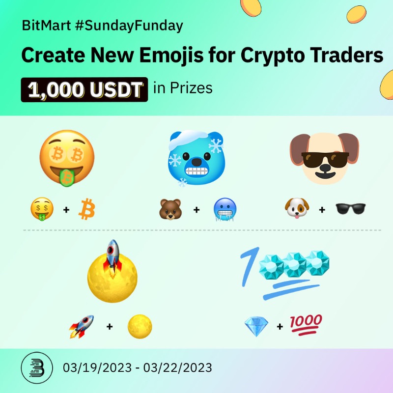 BitMartExchange's tweet photo. Tired of common emojis? Create new ones &amp; win rewards 🤑

1⃣Follow us, quote RT with the picture of a new emoji you create for crypto traders, tag 3 friends
2⃣Sign up: https://t.co/e1Z81sMvRw
3⃣Complete: https://t.co/o0X60DRrap

50 lucky winners will share 1,000 USDT if RT>3k🎁