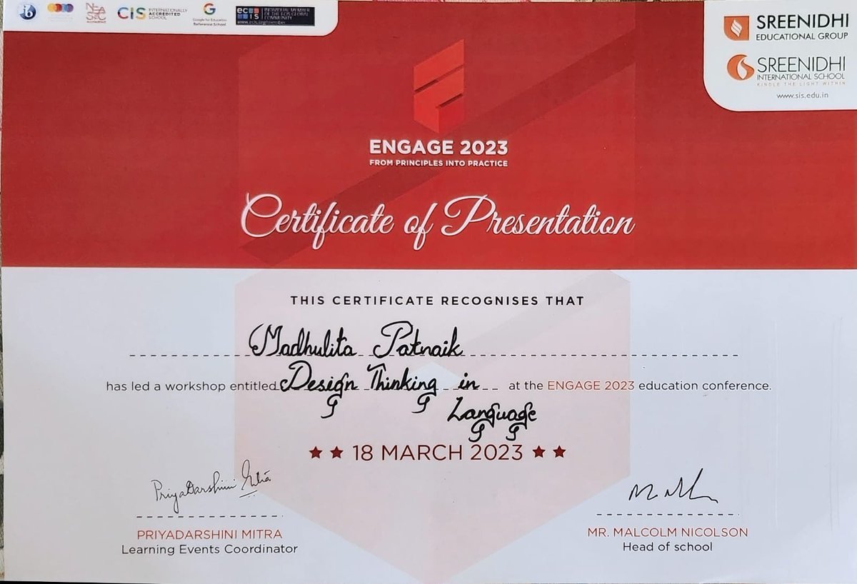 MadhulitaPat's tweet photo. A splendid Saturday, indeed!
It was an eventful day @SchoolSreenidhi facilitating and participating in the #Engage2023 education conference💫
#FromPriciplesIntoPractice #DesignThinkingWorkshop
I'm super happy and #grateful to all the participants who made it to my session😊 https://t.co/8BLvddPPm0
