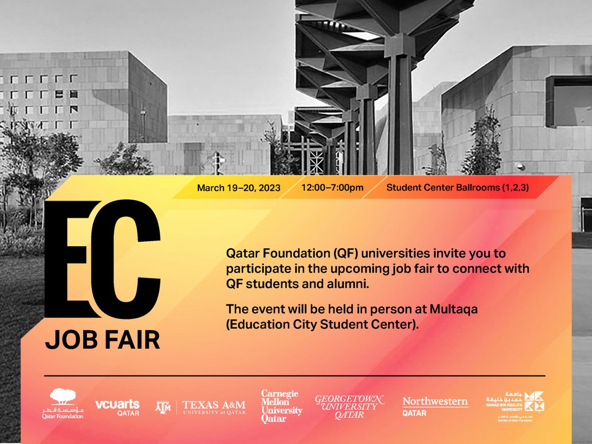 Stop by the annual EC Job Fair with your resume in hand, elevator pitch ready, and dressed to impress! 

Sunday, March 19 and Monday, March 20
12:00 p.m. – 7:00 p.m.
Multaqa (Student Center)