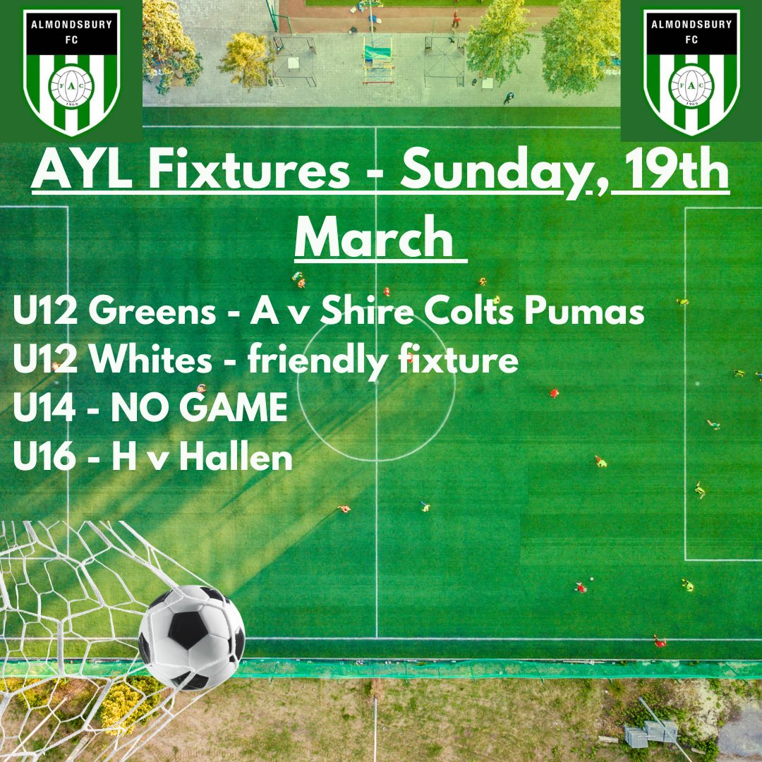 🟢⚪️ Sunday’s fixtures 
#UTA #UpTheAlmonds #grassrootsfootball #grassrootsfootballuk 
@Almondsbury_FC @AlmondsburyCre1 @WarmleyRangers @StNicksFC @HallenFC @BS_Matters @TheBSJournal @TheSGJournal