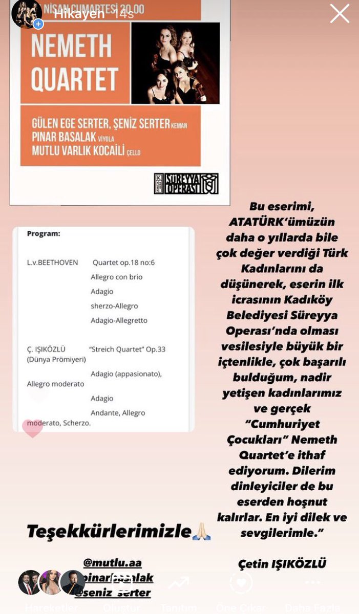 NemethQuartet's tweet photo. 15 Nisan cumartesi 20.00’da Süreyya Operası’ndayız. Biletler @MobiletOfficial https://t.co/W6FvjyynqG’da Beethoven Kuartet ve Çetin Işıközlü Kuartet. Çetin hocanın notu ile… Teşekkürlerimizle..❣️🎶🙏🏻
@pinarbasalak @KKocaili #gülenegeserter #senizserter #nemethquartet https://t.co/5gbgvaYeQK