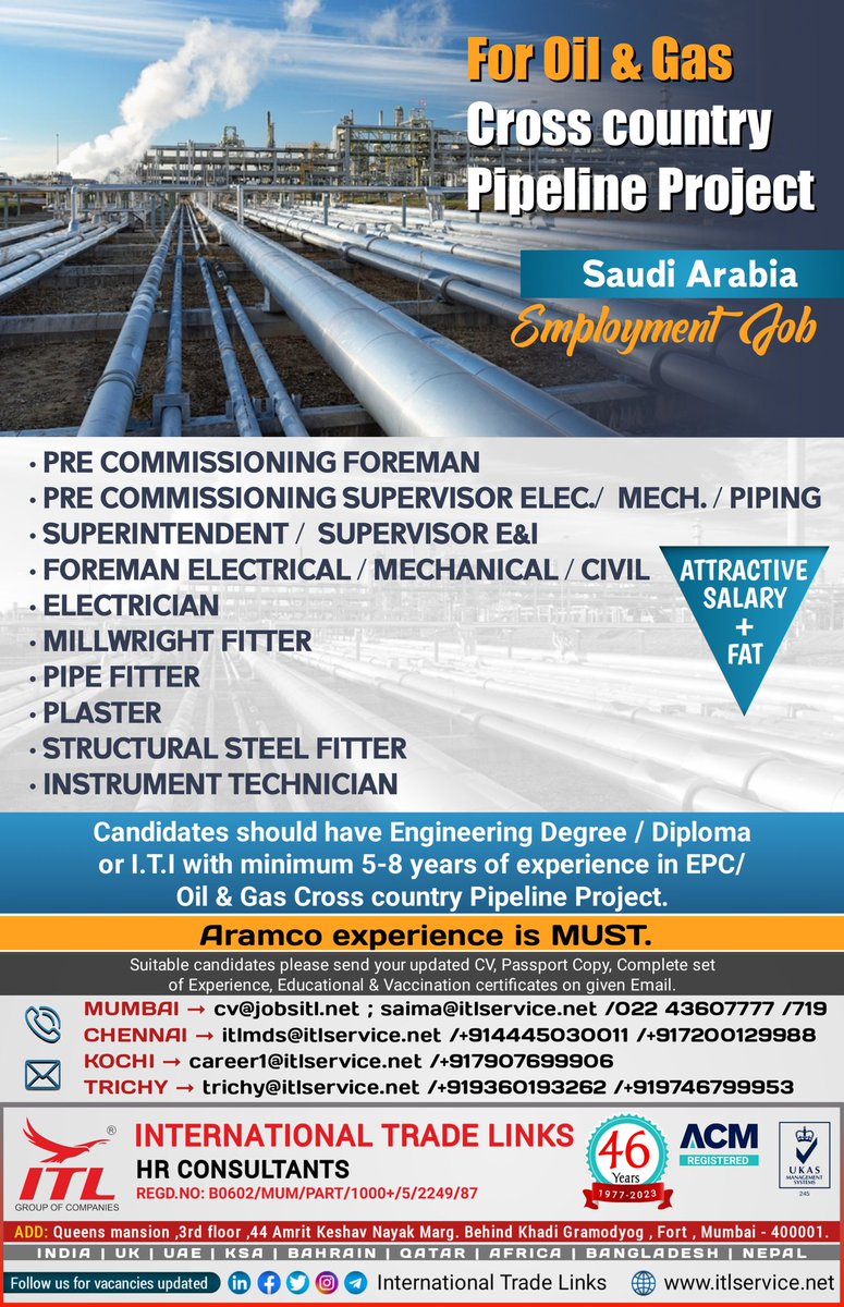 ItlJobs's tweet photo. JOB VACANCY FOR #saudiarabia
Interested candidates, please send your updated CV on given emails
Learn more :
https://t.co/L5a1jS36cU
#precommissioning #superintendent #supervisor #electrical #instrument #millwrigh #oilandgas #millwright #saudiarabiajobs #Innovation #pipefitter https://t.co/d3tRq4NKX3