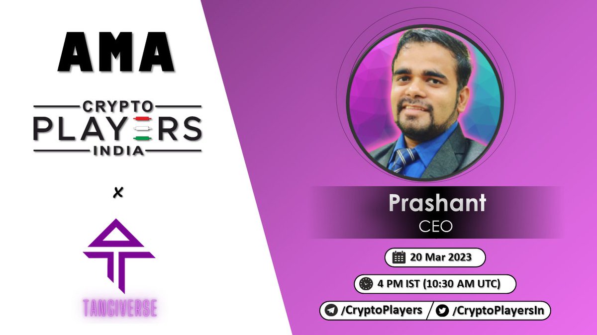 cryptoplayersin's tweet photo. 📣CryptoPlayers will host AMA with "Tangiverse"
⏳Date: 20 Mar, 4 PM IST (10:30 PM UTC)
💰Rewards: $100 worth tokens
⚓️Venue: https://t.co/ycBh3zj5EQ
Rules:
- 1 question per account with #CryptoPlayersIn hashtag
- Like, RT, Follow @Tangiverse
& @CryptoPlayersIn
- Tag 2 friends https://t.co/iBXPpKrXgE