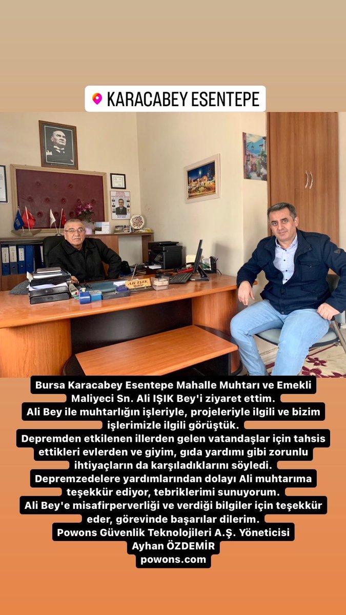 powonsayhan's tweet photo. Bursa Karacabey Esentepe Mahalle Muhtarı ve Emekli Maliyeci Sn. Ali IŞIK Bey'i ziyaret ettim.
https://t.co/3haSPEgdAQ
#bursa #karacabey #esentepemahallemuhtarlığı #muhtar #maliye #ziyaret #depremzede #deprem #yardım #powons #aliışık #powonsayhanözdemir https://t.co/RB6ayXTbIW