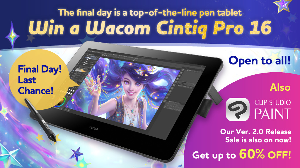 We're giving away a high-definition Wacom Cintiq Pro 16 pen tablet today! Follow & RT this to enter. A sale is on to celebrate CSP's first major ver. update, Ver. 2.0, with new features! Ends 8am, March 20 (UTC)! Details: clipstudio.net/promotion/give…