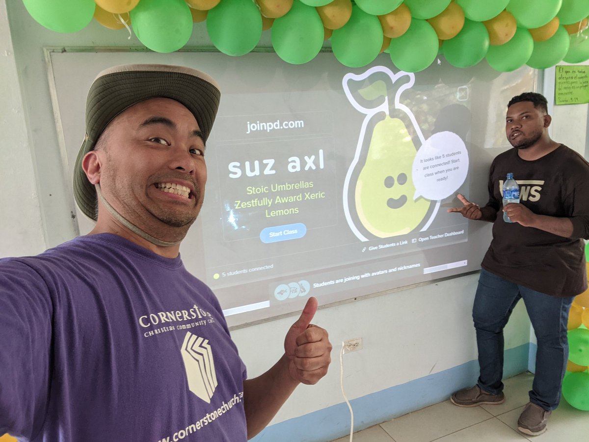 VernonKee's tweet photo. The amazing @teknoteach and I spent another March Break in Bluefields, Nicaragua maintaining the computer lab, running PD and introducing teachers to @PearDeck and @gimkit https://t.co/nZ5rTAEs61