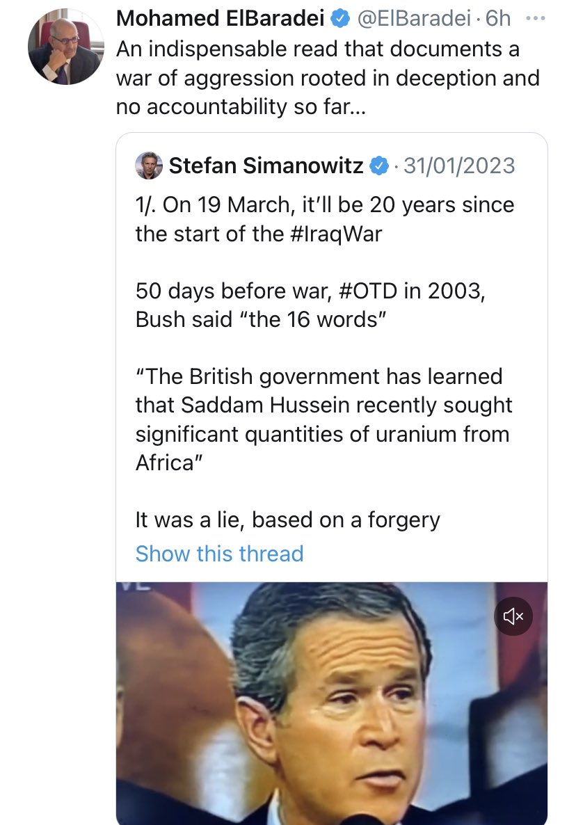 StefSimanowitz's tweet photo. 20 years ago, Tony Blair said: “History will be my judge”

Now, as we mark #Iraq20YearsOn, we can judge for ourselves

I’m afraid, Tony, doesn’t look good

This thread reveals the grand deceit that took us to war

Ex IAEA head, @ElBaradei calls it an “indispensable read”
#IraqWar https://t.co/L1zAhM5Ng4