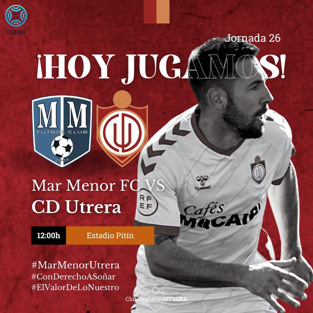 UTRERACD's tweet photo. 𝗛𝗢𝗬 𝗝𝗨𝗚𝗔𝗠𝗢𝗦
@MarMenorFC 🆚 #CDUtrera
⏰ 12:00h
🏟️ Estadio Pitín
📍 San Javier (Murcia)
📺 Sin TV
🏆 Jornada 26 | 2ª RFEF G.IV.
#MarMenorUtrera
#ConDerechoASoñar #ElValorDeLoNuestro https://t.co/rYlKfAROmM