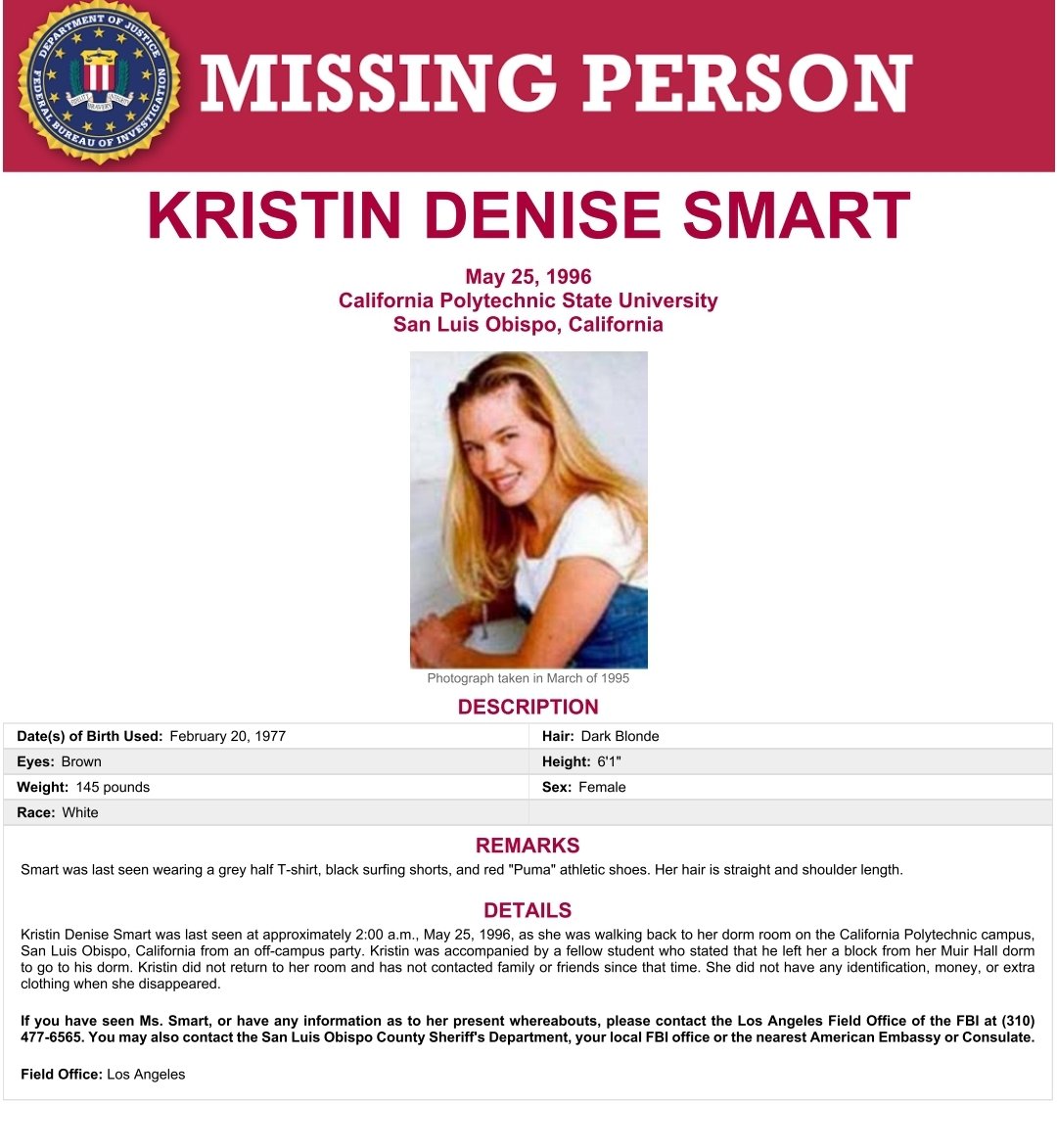 🚨 MISSING 🚨

#KristinSmart 
#KristinDeniseSmart 
#SanLuisObispo #California 
#MISSING #MissingPerson 

Please Share!!!