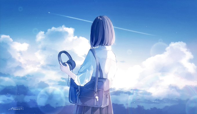#三億アカウントの中から私を発掘してください空と女の子を描いています 