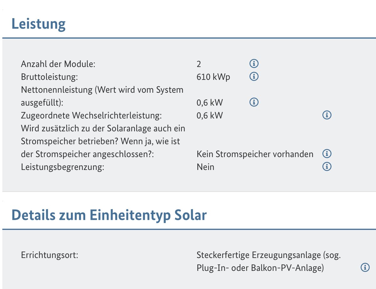 <a href="/Klaus_Mueller/">Klaus Müller</a> @BMWK <a href="/bnetza/">Bundesnetzagentur</a> Es wäre gut, wenn der seit Jahren bekannte 1000er Fehler bei der Registrierung abgefangen würde.

eine Anlage mit 2 Modulen hat NIE 610kWp Leistung. 
NIE.

Das scheint mir ein bewusster Fehler aus der Zeit zu sein, als man gerne die Leistung übertrieben hoch darstellen  wollte.