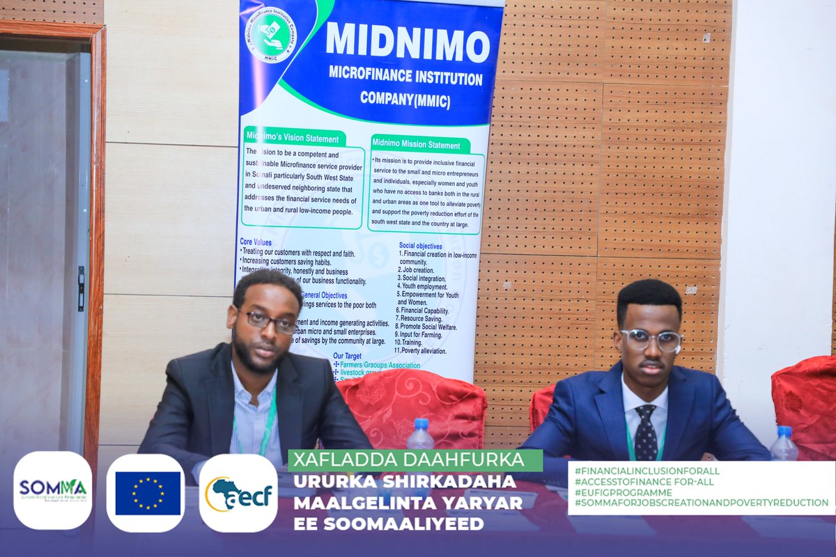 SomaliMFiAssoc's tweet image. Happening now. The opening ceremony of the Somali Union of Microfinance Companies is currently underway in Mogadisho. #Financialinclusionforall 
#AccesstofinanceforAll 
#SOMMAforjobscreationandpovertyreduction 
#EUFIGprogramme