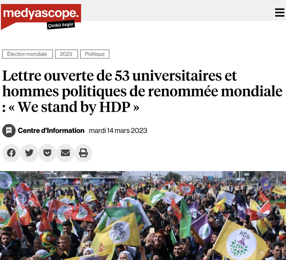 leilachaibi's tweet image. Avec @JLMelenchon, Noam Chomsky et plus de 50 personnalités internationales, nous appelons le président #Erdoğan à cesser les poursuites visant à interdire le Parti démocratique des peuples #HDP juste avant les élections générales en Turquie🇹🇷.
👉medyascope.tv/2023/03/14/dun…