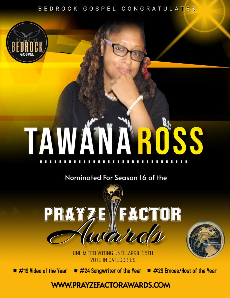 prayzefactor's tweet photo. Vote for TAWANA ROSS on the Prayze Factor Awards Season 16.
π VOTE HERE https://t.co/tbglf5lJPU
Best Video
Best Songwriter
Best Emcee/Host
#tawanaross
#setusonfire
#prayzefactorawards16
#PGNetworkPromotions https://t.co/tdVUsV7jWc