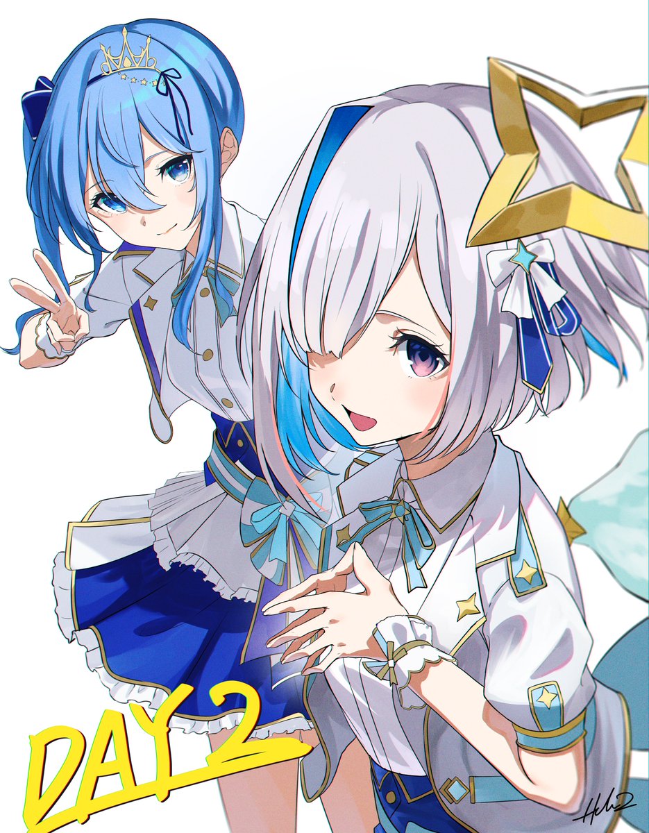 amane kanata ,hoshimachi suisei multiple girls 2girls blue hair star halo blue eyes wings side ponytail  illustration images