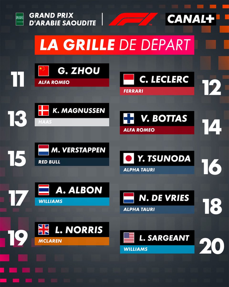 CanalplusF1's tweet photo. J-J POUR LE GP D’ARABIE SAOUDITE 🇸🇦🏁

RDV à 18H sur CANAL+, en clair 😎💥

#saudiarabiangp #F1 https://t.co/ebiyLriU8b
