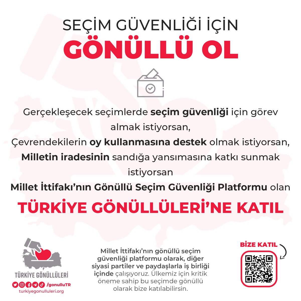 Seçim güvenliği için görev almak istiyorsan,
Milletin iradesinin sandığa yansımasına katkı sunmak istiyorsan,
Millet İttifakı’nın Gönüllü Seçim Güvenliği Platformu olan
TÜRKİYE GÖNÜLLÜLERİ’NE KATIL
kayit.turkiyegonulluleri.org