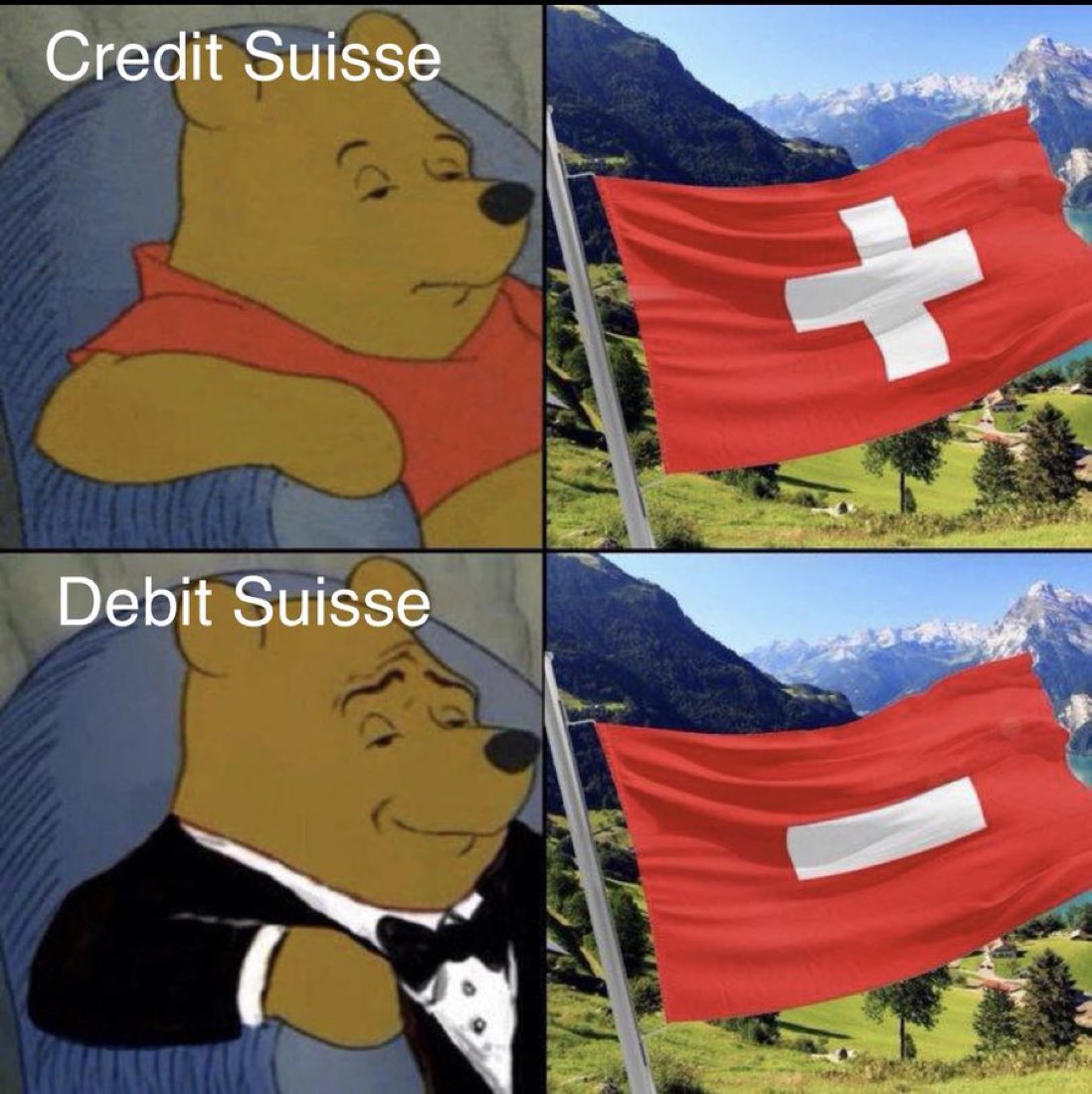 Swiss flag after Credit Suisse bail out: 

Via WSB u/LarschH