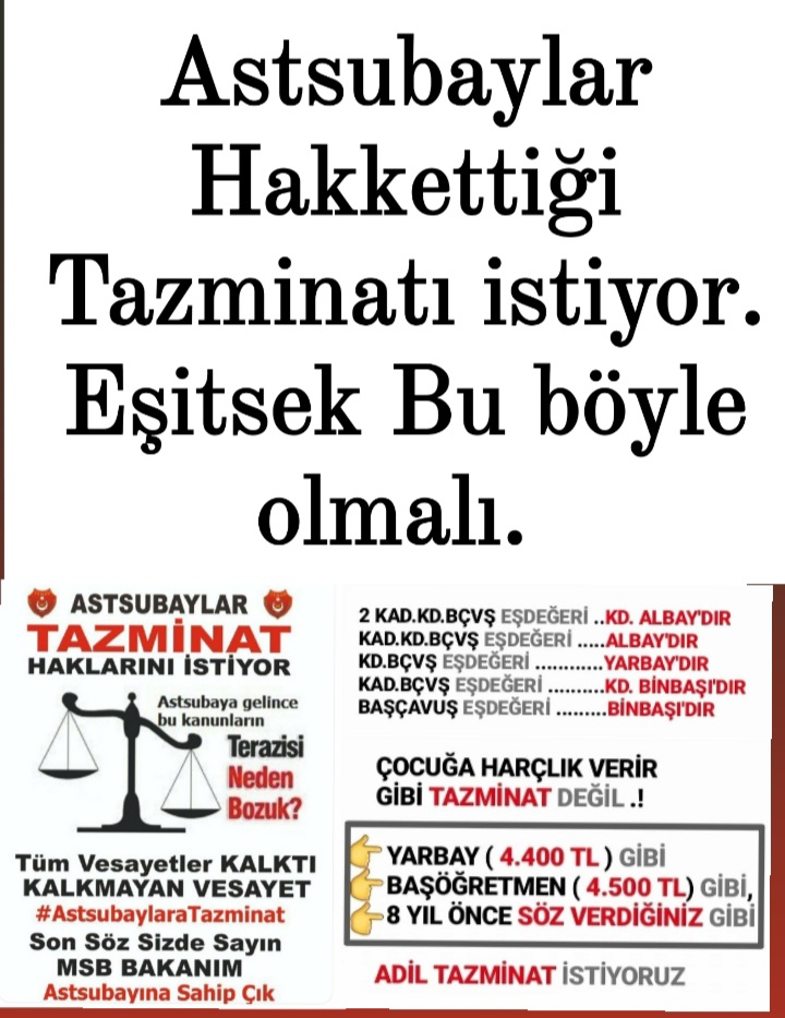 #AstsubaylarTekYürek Yine yıllardır yaşadığımız haksızlık olacak, görevi biz yapacağız tazminatı subay alacak...sadaka değil hakkımızı istiyoruz...<a href="/RTErdogan/">Recep Tayyip Erdoğan</a> <a href="/suleymansoylu/">Süleyman Soylu</a> <a href="/mustafaelitas/">Mustafa Elitaş</a> <a href="/DurgenHamza/">Hamza DÜRGEN</a> <a href="/temadankara/">TEMAD Genel Başkanlığı</a> <a href="/HulusiAkar_MSB/">Hulusi Akar</a>