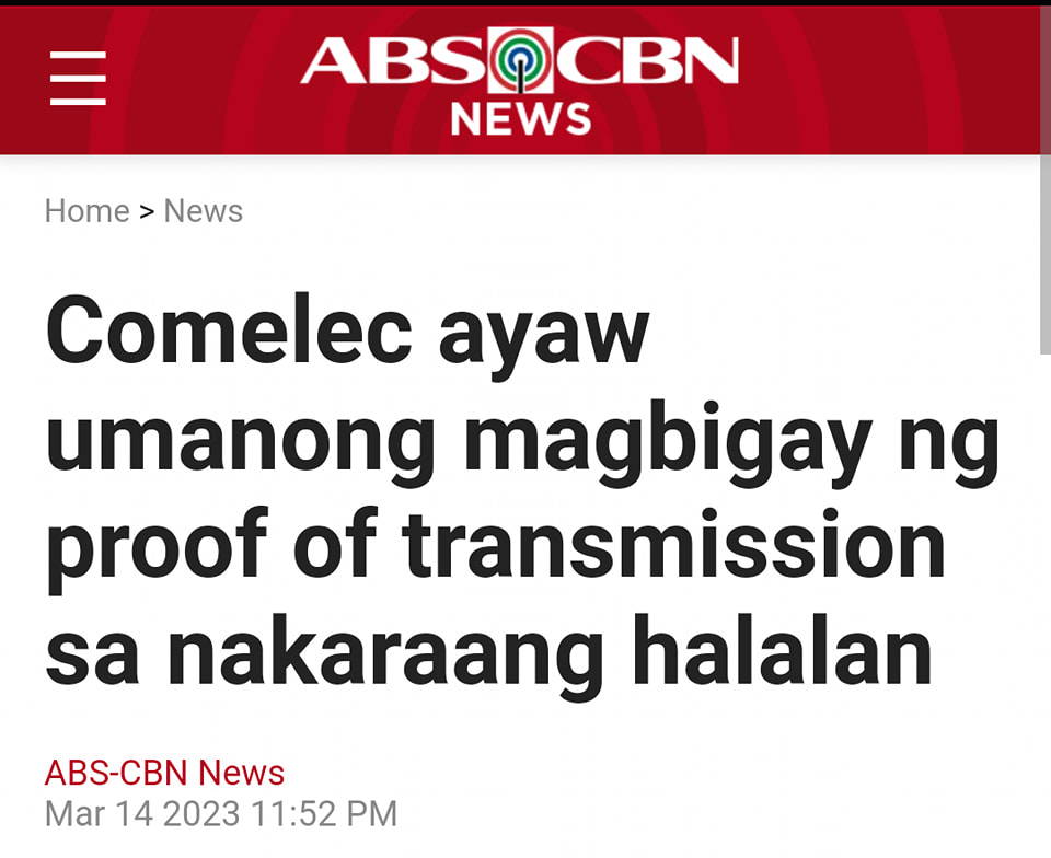 Akala ko ba ay nagkaroon tayo ng "clear, credible and honest elections" so bakit ayaw ilabas ng #ComelecEpal ang transmission logs? Kasi may dayaan? Kasi kasabwat sila?

Mag-ingay po tayo.

#IlabasAngTransmissionLogs
#IlabasAngTransmissionLogs
#IlabasAngTransmissionLogs