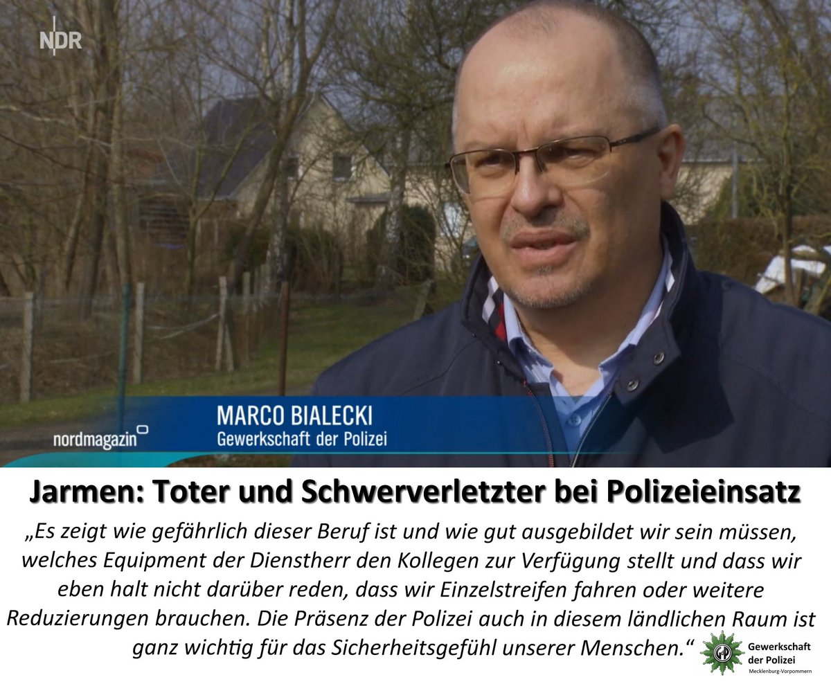 GdP_MV's tweet photo. NDR #Nordmagazin: "Toter und Schwerverletzter bei Polizeieinsatz"
- Ein Beamter wurde von einem Mann mit einem Messer schwer verletzt.Der Angreifer stirbt durch einen vom Polizisten abgegebenen Schuss.
- zum Bericht --> https://t.co/Nvw4x8urBT 
#PasstAufEuchAuf 🙋‍♀️ -💚- 🙋‍♂️#Jarmen https://t.co/W9wrKuW8Bd