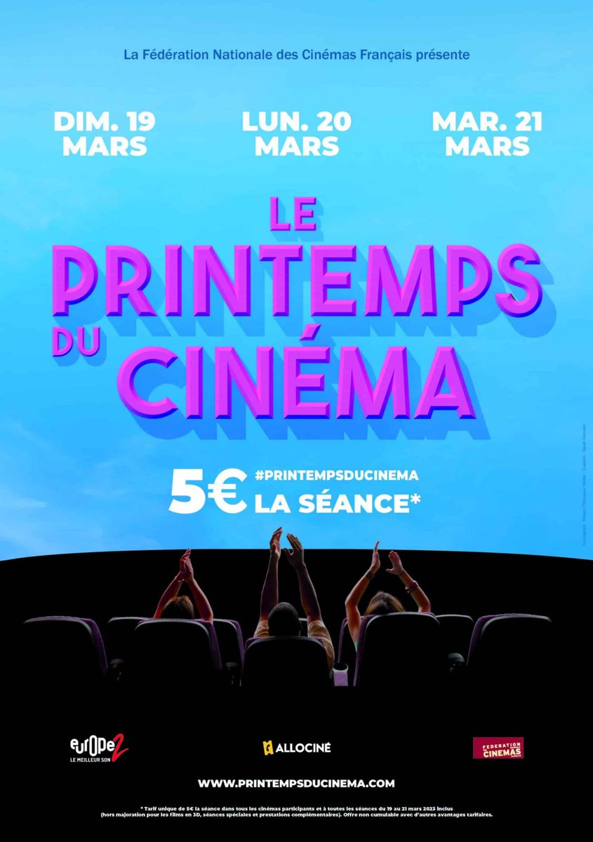 Le bon plan cinéma: 5€ l'entrée à partir d'aujourd'hui et jusqu'au mardi 21 mars 2023 😉 #printempsducinema