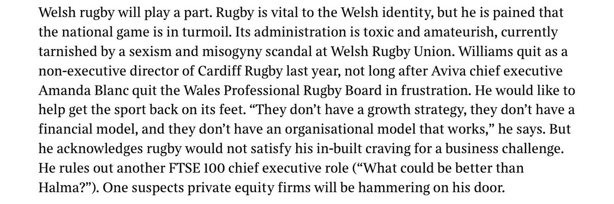 Fascinating interview with Andrew Williams, the CEO from Cardiff of FT100 firm Halma and some vital lessons from an inspirational career.

Most interesting comment is below - could the <a href="/WelshRugbyUnion/">Welsh Rugby Union 🏴󠁧󠁢󠁷󠁬󠁳󠁿</a> have potentially found the right CEO for the future?

thetimes.co.uk/article/halmas…