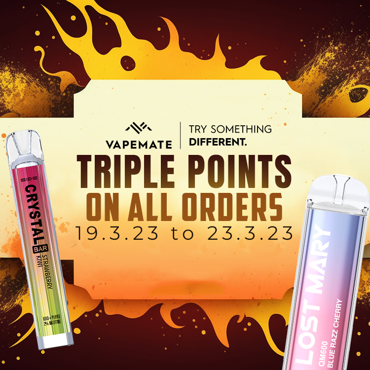 Earn Triple Points on all orders made today until 23/3/23 ⏰

Get Ready For Triple-Trouble! 🔥

vapemate.co.uk

VapeMate products may contain nicotine, only suitable for 18+
━━━━━━━━━━━━━━━━━━━━━━━
#vaping #vapefam #eliquid #vapefamily #vapesale
