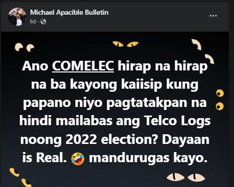 IT_IS_ME3656's tweet photo. Ano COMELEC hirap na hirap na ba kayong kaiisip kung papano niyo pagtatakpan na hindi mailabas ang Telco Logs noong 2022 election? Dayaan is Real. 🤣 Mandurugas kayo @COMELEC at wala nang nanininiwala sa inyo.

@SCPh_PIO https://t.co/Wp93qYKxRv