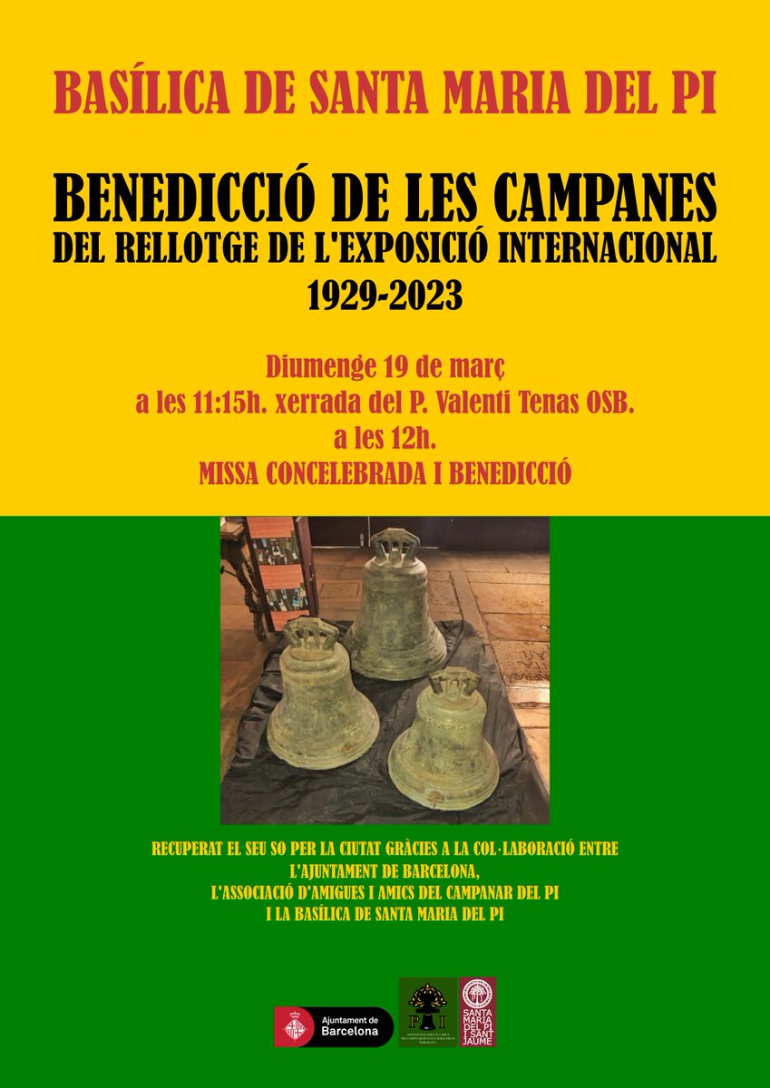 Avui es beneixen les campanes del rellotge a Santa Maria del Pi