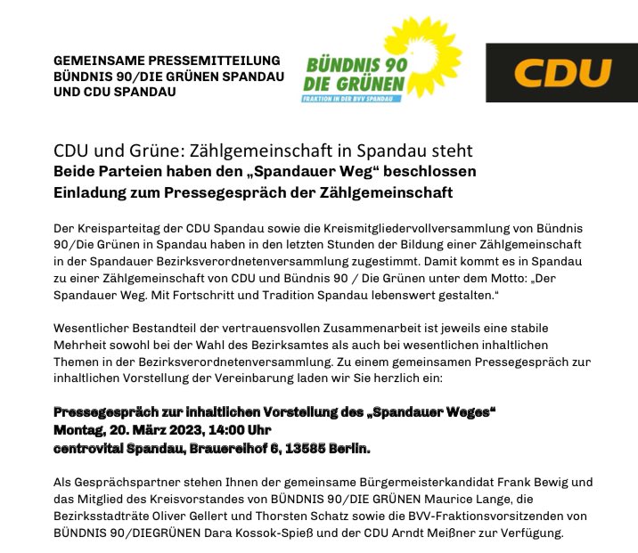 Grüne BVV Spandau (@gruenbvvspandau) on Twitter photo Nachdem der Grüne Spandauer KV <a href="/GrueneSpandau/">Grüne Spandau</a> der Vereinbarung „Spandauer Weg“ mit der CDU-Fraktion ihr Vertrauen ausgesprochen hat, stellen wir diese am Montag, 20.03.23 um 14 Uhr im centrovital Spandau, Brauereihof 6, 13585 Berlin im Rahmen eines Pressegesprächs vor <a href="/dara_k_s/">Dara Kossok-Spieß</a> Nachdem der Grüne Spandauer KV <a href="/GrueneSpandau/">Grüne Spandau</a> der Vereinbarung „Spandauer Weg“ mit der CDU-Fraktion ihr Vertrauen ausgesprochen hat, stellen wir diese am Montag, 20.03.23 um 14 Uhr im centrovital Spandau, Brauereihof 6, 13585 Berlin im Rahmen eines Pressegesprächs vor <a href="/dara_k_s/">Dara Kossok-Spieß</a>