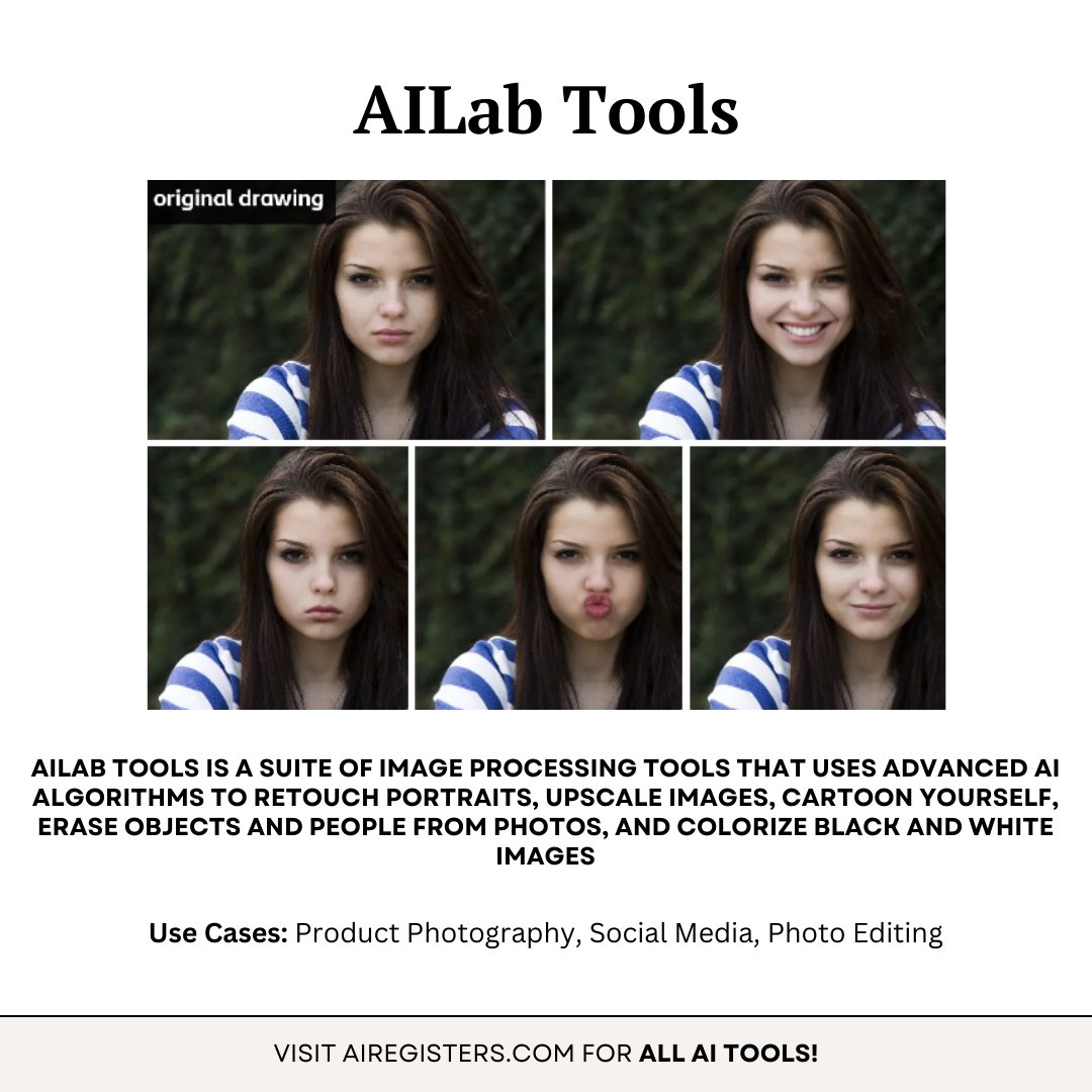 ArrheniusLey's tweet image. Check out AILab Tools, the amazing suite of AI-powered image processing tools that can retouch portraits, upscale images, cartoon yourself, erase objects from photos and more!
Make Money using AI: vist.ly/3fzi
#AILabTools #AIimageprocessing #imageediting
