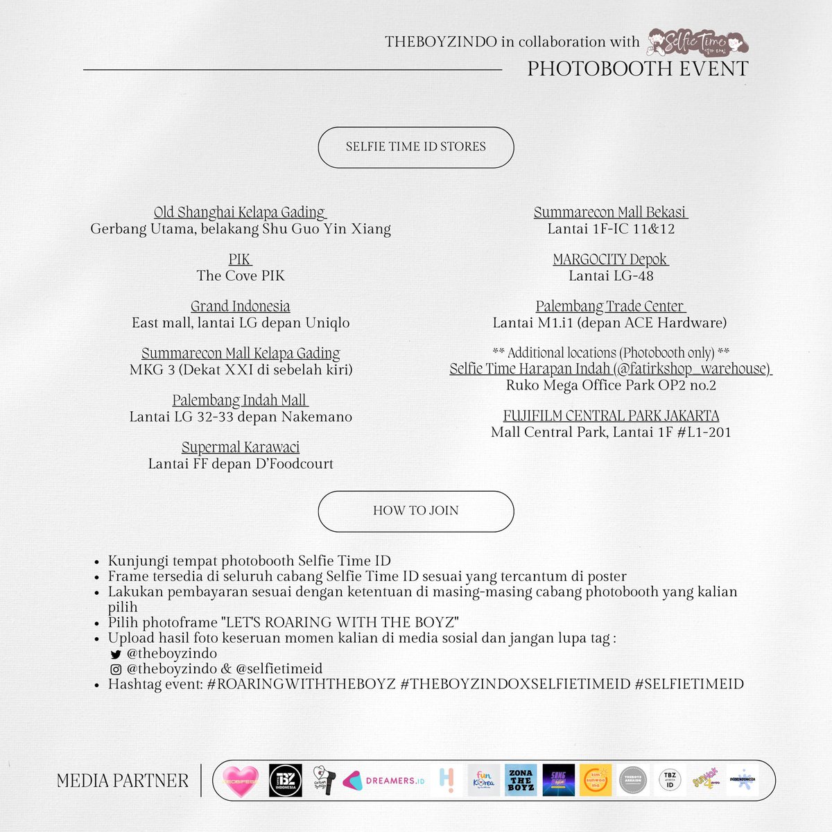 [PHOTOBOOTH EVENT]
𝐋𝐄𝐓'𝐒 𝐑𝐎𝐀𝐑𝐈𝐍𝐆 𝐖𝐈𝐓𝐇 𝐓𝐇𝐄 𝐁𝐎𝐘𝐙 🦁🐾🖤
FOR CELEBRATING TBZ OT11 COMEBACK 🥳
ʙʏ <a href="/THEBOYZINDO/">THE BOYZ INDONESIA</a>

🗓 18-31 March 2023
📍 Selfie Time ID branches
📸 #ROARingwithTHEBOYZ

Don't miss out, THE B's! 📢❤️‍🔥

#더보이즈 #THEBOYZ #THEBOYZINDOXSelfieTimeID