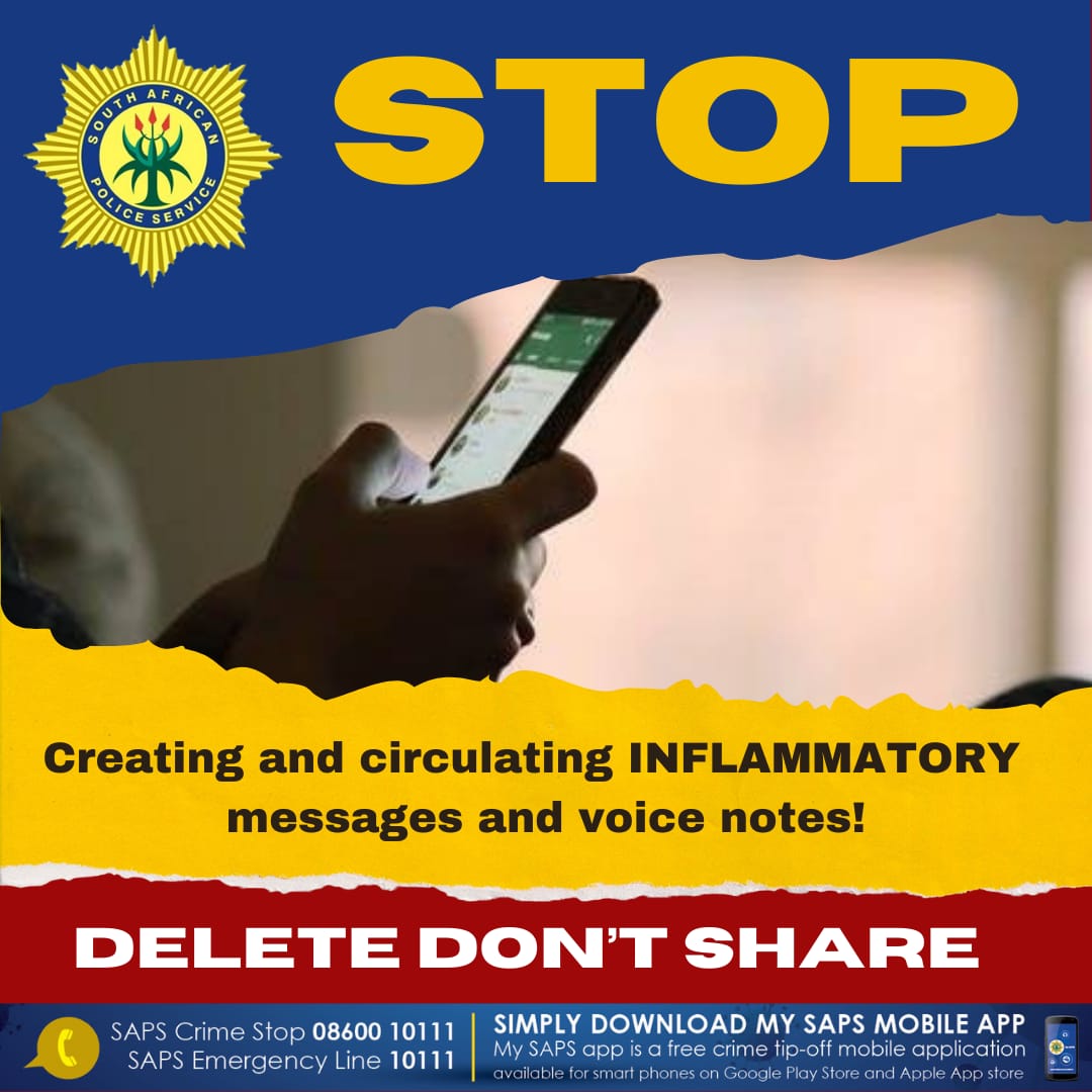 SAPoliceService's tweet photo. #sapsWC Social media users are warned against posting and disseminating inflammatory content contained in videos and messages that seek to incite violence and spread falsehoods. #NationalShutdown #20thOfMarch ME https://t.co/8fDzoEBavX