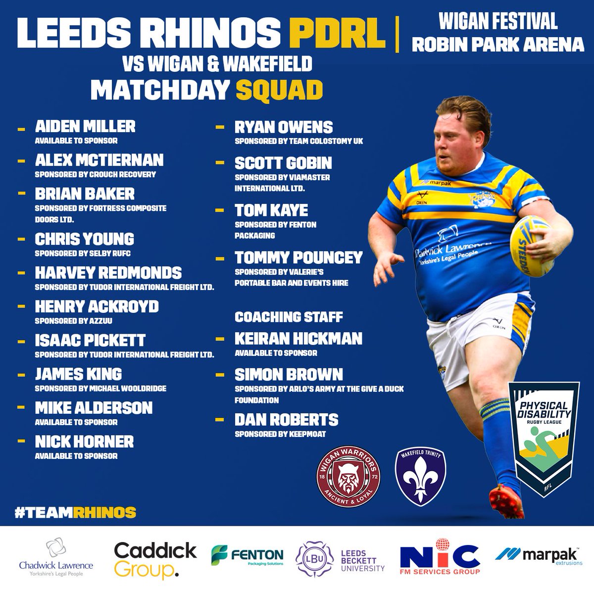 🏉 | 𝕋𝕖𝕒𝕞 ℕ𝕖𝕨𝕤

Here is our PDRL squad for the first festival of the 2023 season, taking place this afternoon!🦏

🏟Robin Park Arena, Loire Drive, WN5 0UH

 🆚<a href="/WiganWarriorsRL/">Wigan Warriors 🍒⚪️</a> 
⏰KO-12pm

🆚<a href="/WTComFoundation/">Wakefield Trinity Community Foundation</a> 
 KO-1:30pm

Good luck team!🍀

#TeamRhinos
