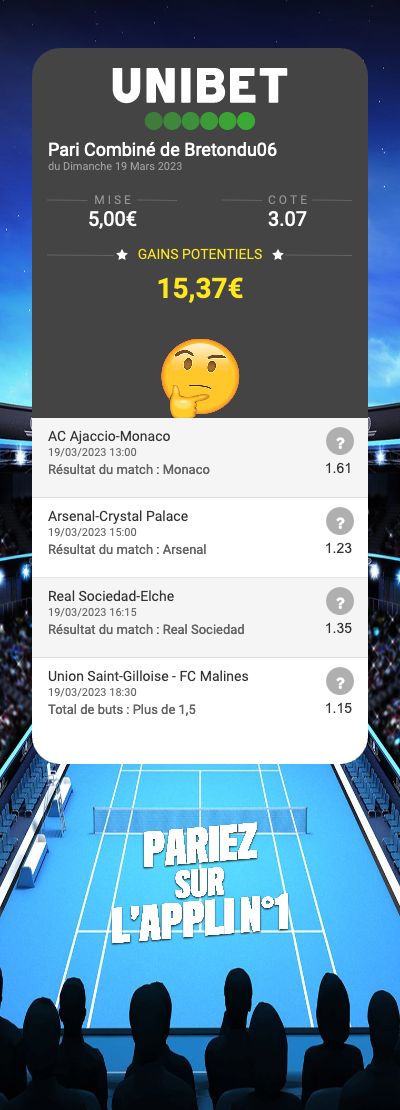 Chtibretondu06's tweet photo. #TeamParieur #CombiEurope #Combifoot #Pronofoot
Autres combi
@4,12@5,18@9,57@3,07@2,73
Ils sont basés essentiellement sur les matchs suivants Monaco@1,61
RealSociedad@1,35
Arsenal@1,24
PSG@1,54
Prenez , modifiez, ignorez .... bref faites à votre sauce https://t.co/NAKxaZcpZu