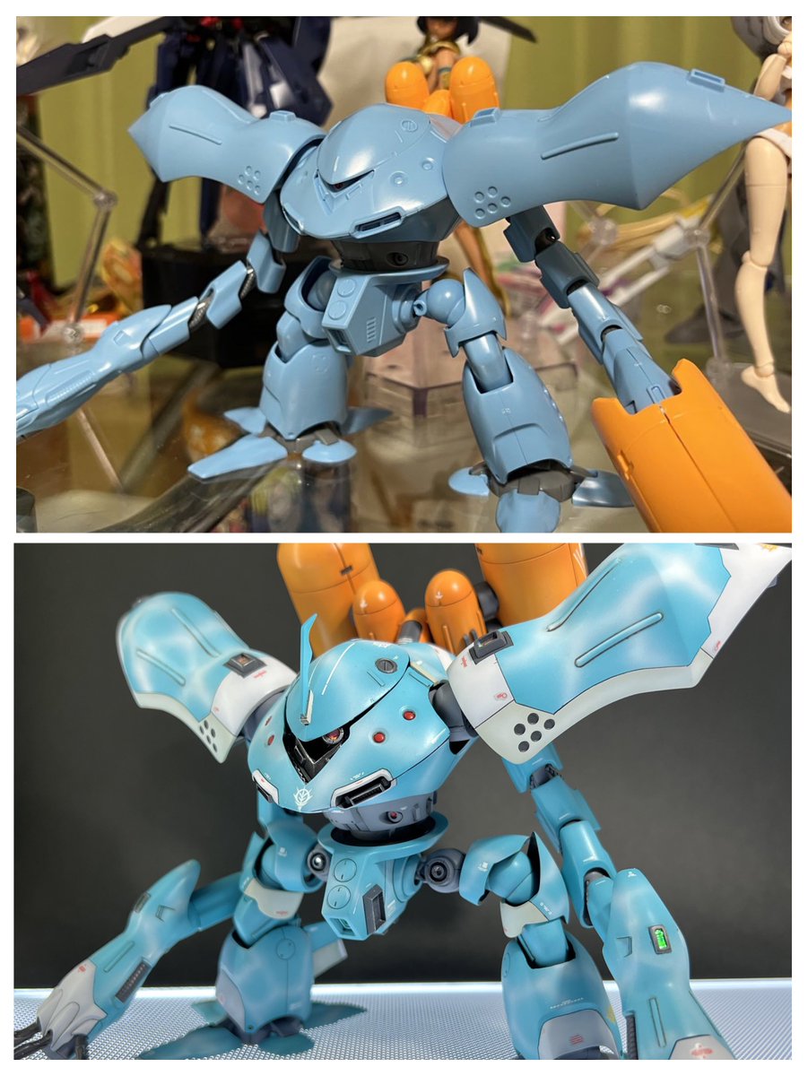 主な改修ポイントとしては

・肩と股間に他キット流用の関節パーツを追加
・ふくらはぎ幅増し
・腰パーツを上下方向に延長
・胴体前面パーツを数ミリ前にずらして設置
・大型化した本体に負けない様に、背部バックパックも大型化

と言ったところです

素組みとの比較画像↓↓↓