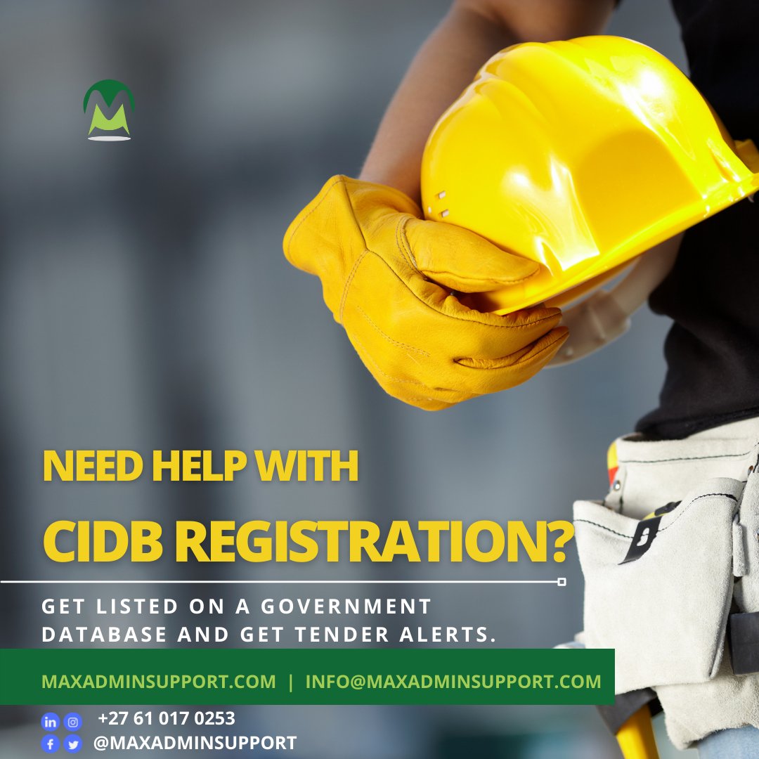Get a CIDB registration certificate to apply for construction contracts and government tenders.

Timeframe: 5 Days. We can help!

Contact us today to get started!

#Success #MaxAdminSupport #Admin #Entrepreneur #CIBD #Construction #Building
5 w