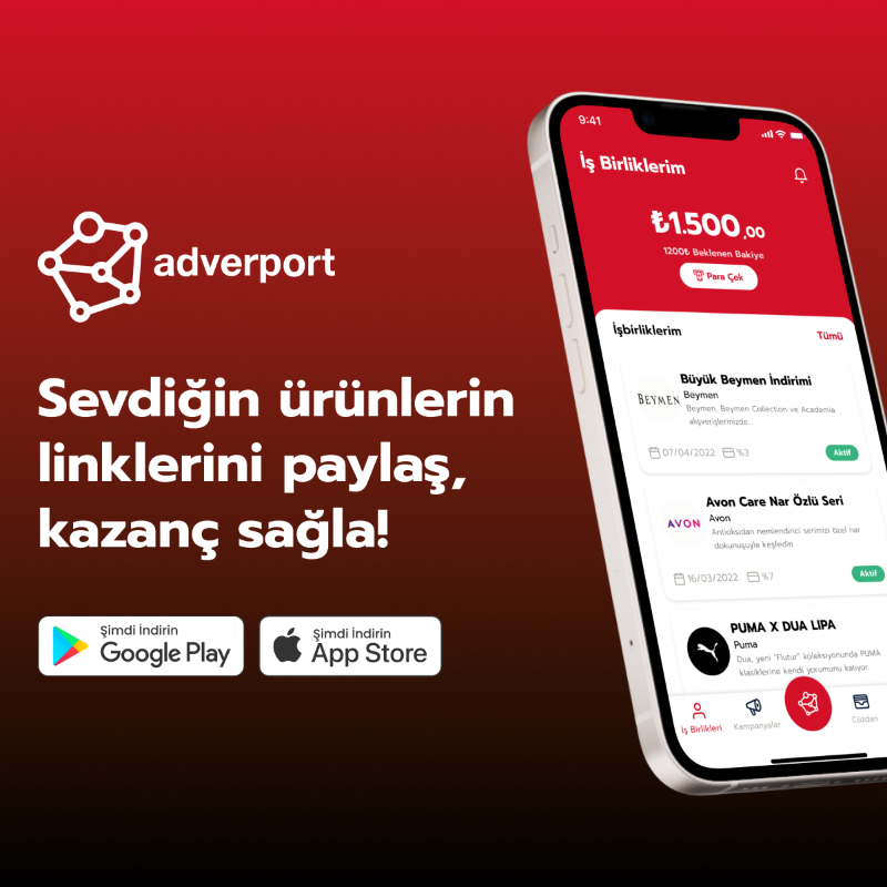 Adverport ile sevdiğiniz ürünlerin linklerini paylaşarak satışlar üzerinden kazanç sağlayabilirsiniz. Google Play ve App Store'dan uygulamamızı şimdi indirebilirsiniz. #adverport #affiliatemarketing #işbirliği